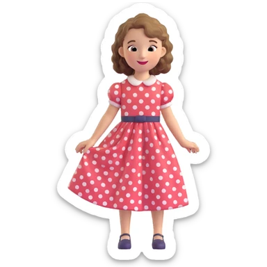 girl wearing a polka dot vintage dress, wavy hair, happy sticker