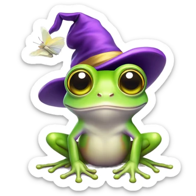 australian green tree frog with white butterfly wings wearing a purple witch hat with yellow stars sticker