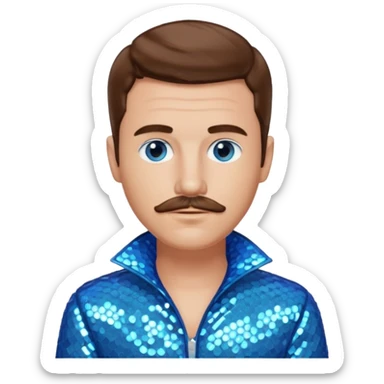Benson Boone (b.2002), Pop Singer with blue eyes, brown medium hair and thin mustache, icy blue sequin outfit sticker