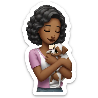 Pretty woman crying holding puppy sticker