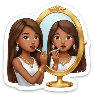 Girl with long brown hair, gold jewelry, and lashes, putting on lipgloss by a mirror  sticker