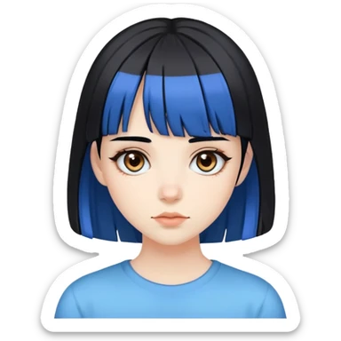 Pale girl with brown eyes, black hair with bangs, with two strips of blue hair sticker