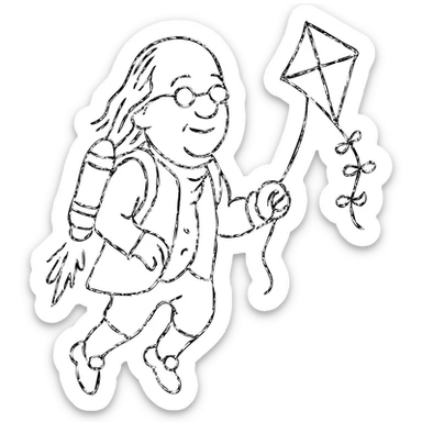 Ben Franklin with jetpack and diamond kite, hand-drawn black outline, minimalist sticker