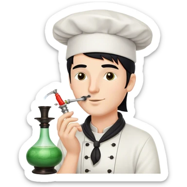 A white guy with black hair and smoking a hookah with a Chef's hat sticker