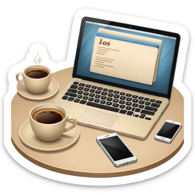 Laptop on the beige table, coffee and notebook sticker