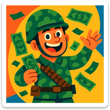 a cartoon soldier with dollar bills, playful style, colorful, fun sticker