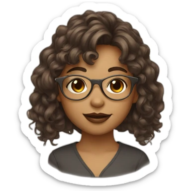 a girl with brown wavy hair, bangs, brown eyes, a nose ring, and gold wireframe glasses  sticker