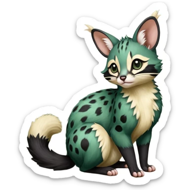 Dark-Green, black-pointed, soft natural realistic romantic vintage antique divine beautiful elegant pretty precious cute young youthful  Fakémon-Pokémon-opossum-feline-mouse-serval-caracal-chinchilla-Minccino-Cinccino-Meowstic-rodent-hybrid-creature with a big fluffy bushy tail (full body) sticker