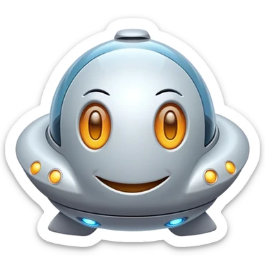 Design a simple, friendly spaceship with a smooth, rounded shape. Add a clear 'face' on the front using glowing lights for eyes and a curved line for a smile, giving it personality. Use a plain background to keep the focus on the ship sticker