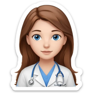 inside a classroom at university that says nursing school on the board with a pretty female nursing student with long brown hair, blue eyes sticker