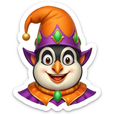 crazy funny colorful penguin jolly joker, medieval, vintage, court jester, mac os icon, orange color sticker