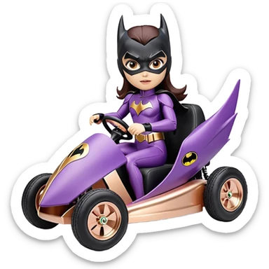 Hot full size real-appearance enclosed electric racing action BatGirl’s feminine midnight-colored tight outfit sixty’s tv show 1992 stealthy retro sporty safe plush petite off-road pursuit cruiser car rose gold accents (black hair,reclined and relaxed torso and shoulders seating position) go kart  sticker