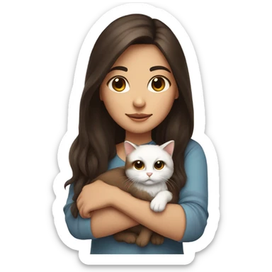 girl with dark brown hair and brown eyes, holding her brown and white cat with very long cat hair sticker