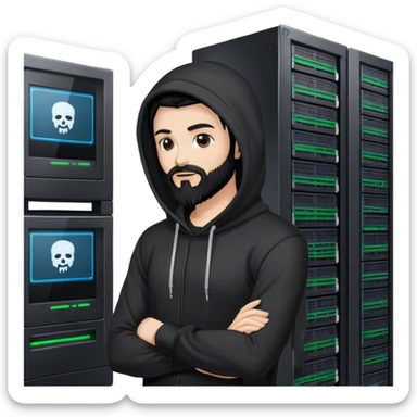 hackeur blanc cheveux noir barbe et capuche noir à côté d'un server ia sticker
