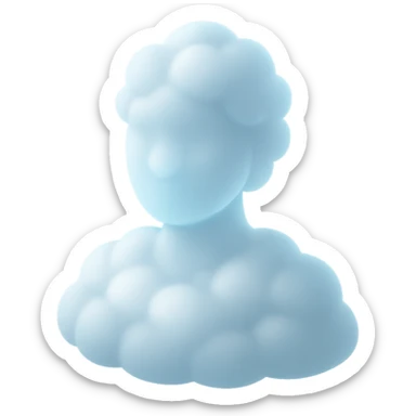 shoulder-up portrait of a person facing forward, fully composed of bright, convex clouds with soft glow, matte glass style sticker