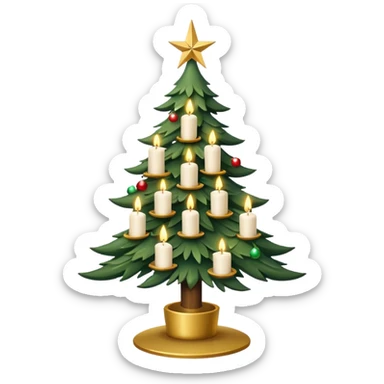 Christmas tree with white candles all over the tree, and a gold pentagram sticker