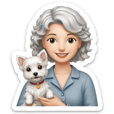 silver, short, wavy-haired with loose curls, smiling pretty lady holding a westie dog sticker