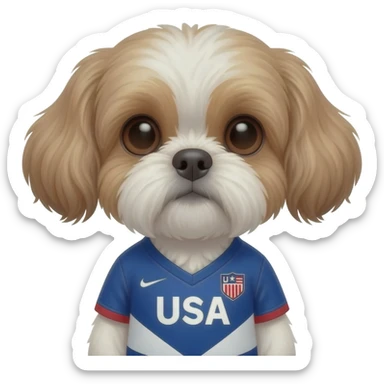 white and light brown shih zhu wearing a USA soccer jersey v neck 2026 work cup sticker