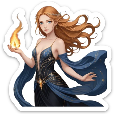 A fierce yet ethereal female High Fae with golden-brown hair cascading down her back, streaked with hints of sunlit gold. Her sharp, striking blue-gray eyes hold an unyielding fire. She wears a flowing black gown with constellations embroidered in silver thread, draping elegantly over her graceful frame. Her delicate hands bear golden tattoos, symbols of ancient magic binding her fate sticker