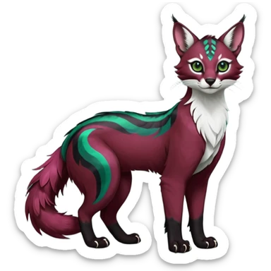 Colorful dark tropical feathery tribal dark burgundy wine-red obsidian-black jade-green white glorious iridescent divine exotic cute cool beautiful beautiful fantasy-caracal-civet-genet-sergal-vernid-Gryphon-Cacomistle-Trico-oncilla-animal-Fakémon-hybrid-fursona (full body) sticker