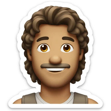 man smiling with a brown mullet and a slightly big nose sticker