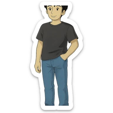 man, casual pose, black hair, jeans, black t-shirt, transparent background, ghibli style sticker