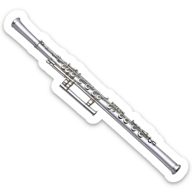 Create an elegant and refined emoji representing a classical silver flute. The design should showcase the sleek, polished silver body of the flute with its keywork and tone holes clearly visible. Highlight the smooth, straight shape of the instrument with subtle light reflections on its metal surface. The keys should be delicately detailed, with their small, round pads visible. Add a slight shine to the flute’s surface to reflect its high-quality craftsmanship. Optionally, include subtle musical notes floating around the flute to evoke its light, melodic sound. The background should be transparent. sticker