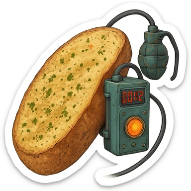 a thermonuclear hand held grenade IED, futuristic cyberpunk. The primed exlosive element is not c4 plastique, but it is garlic bread. small detonator attached to large loaf sticker