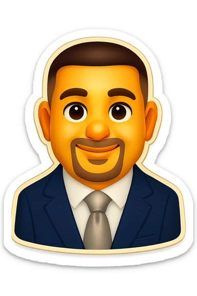 Turn this person into a friendly emoji character with a nice, warm smile. Keep the features recognizable and the style simple and inviting in the retro stickers style. sticker