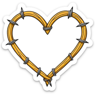Minimal black line art heart made from barbed wire, hand-drawn sketch look, uneven ink strokes, 6–7 barbs with twisted knots, simple clean outline, centered on plain white background, high contrast sticker