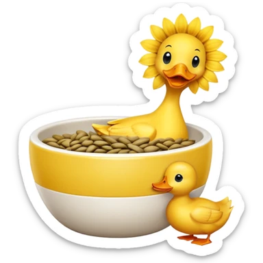a yellow duck eating sunflower seeds from a bowl sticker