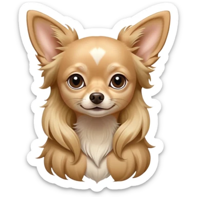 Cinematic Noble Long Haired Fawn Chihuahua Portrait Emoji, Poised and regal, with a delicate, refined build and a flowing, well-groomed long fawn coat, deep-set soulful dark eyes, Simplified yet sharp and sophisticated features, highly detailed, glowing with a soft, dignified glow, high shine, intelligent and loyal, stylized with an air of elegance, focused and attentive, soft glowing outline, capturing the essence of a watchful and confident guardian, so majestic it feels as though it could step out of the screen with effortless authority! sticker