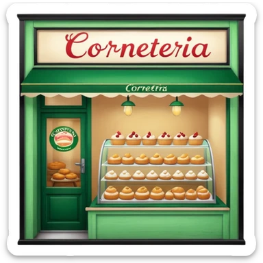 The image shows the front window of a bakery named "Cornetteria". The window is framed by a green wooden frame and has a sign above it that reads "CORNETTERIA".  sticker