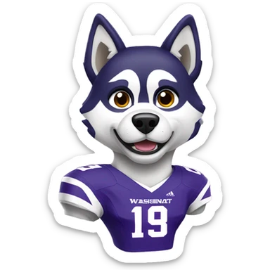 Husky wearing a purple university of washington football jersey  sticker