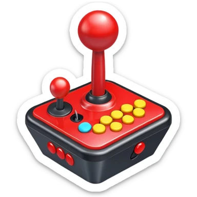 A colorful arcade joystick with red stick and buttons sticker