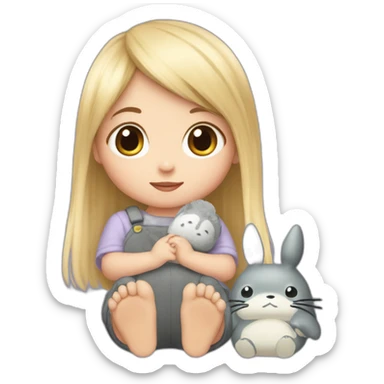 bébé fille blonde décoiffée avec une peluche Totoro  sticker