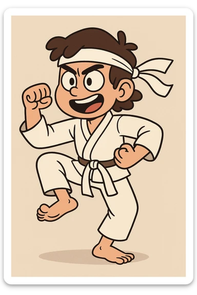 karate kid in a classic martial arts pose, headband, white gi, energetic expression, cartoon style sticker