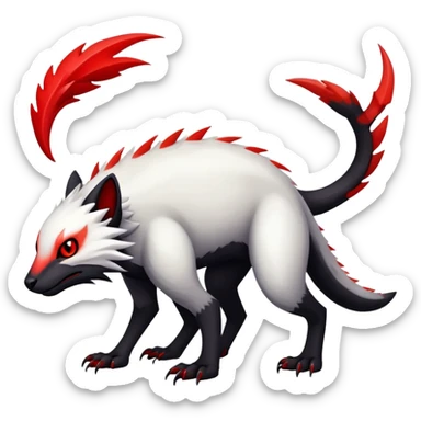 a white exotic edgy vernid-fionbr-Fakémon-creature, with black belly and red eyes, full body sticker