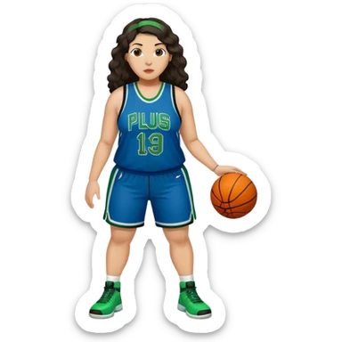 full body plus size light skin latino women basketball player with wavy dark hair large widenose wearing blue and green uniform sticker