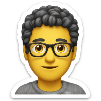 White man with yellow tinted glasses and black hair in a gray jumper and sitting on a chair sticker