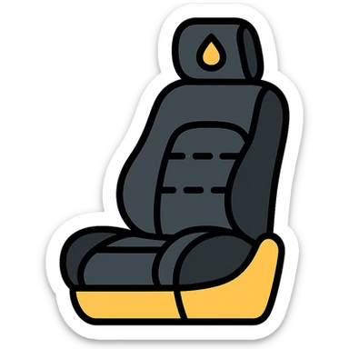 luxury car seat in matte black with a small droplet or shield on the headrest, elegant stitching, minimalist lines, modern and clean style icon sticker