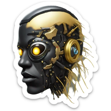 black metal male cyborg head with artificial eyeball, circuitry and wispy yellow gold hair sticker