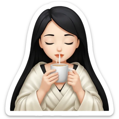 black hair girl long hair inside a white milky satin blanket sipping coffee eyes closed sticker
