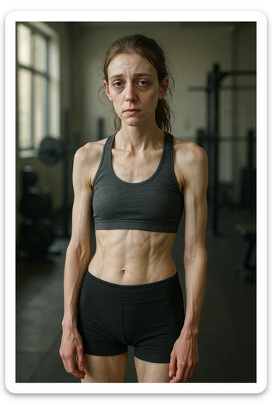 3D realistic vertical illustration of a young athletic woman in sportswear standing in a gym. Her body appears lean but slightly fatigued, with visible muscle loss and a tired expression. Subtle details like dark circles under her eyes, pale skin, and a slouched posture suggest underfueling. The lighting is soft and natural, with gym equipment blurred in the background. sticker