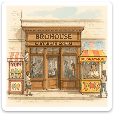 brohouse sartarosh xonasini chizib ber tashqaridan va uning yonida yupi va musqaymoq sotadigan lavkalar bulsin sticker