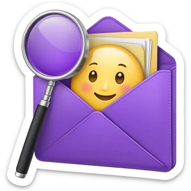 simple, minimalistic yellow (hex#FFD008) and purple (hex#8C52FF) emojis of a pin, a working case, a folder, a magnifier, an email, an envelope sticker