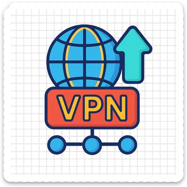 VPN icon with a globe, an arrow, and a connection network, cartoon 3D style sticker