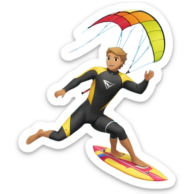 A kite surfer soaring above the waves, holding onto a kite with the wind in full force. The background showcases the ocean and sky, emphasizing the freedom, thrill, and energy of the sport. The motion of the kite and board is dynamic, capturing the excitement of kiting. sticker