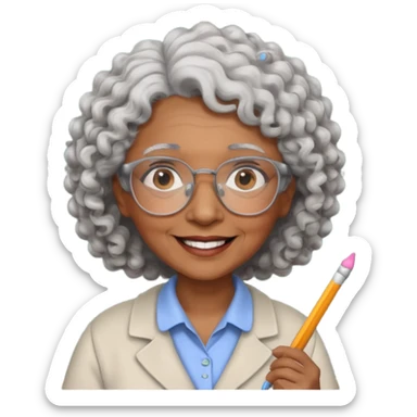 old woman teacher, brown skin, curly grey white hai, wearing glasses, hold chalk on hand sticker