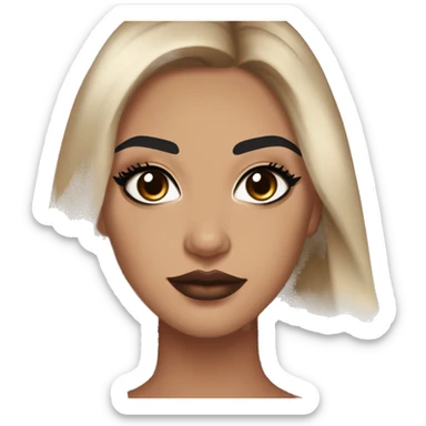 Maddy Perez: warm brown eyes, bold black eyeliner, dark arched brows, full nude-berry lips, bronzed skin, high cheekbones, sleek dark brown long hair in waves/ponytail, rhinestones.

 sticker